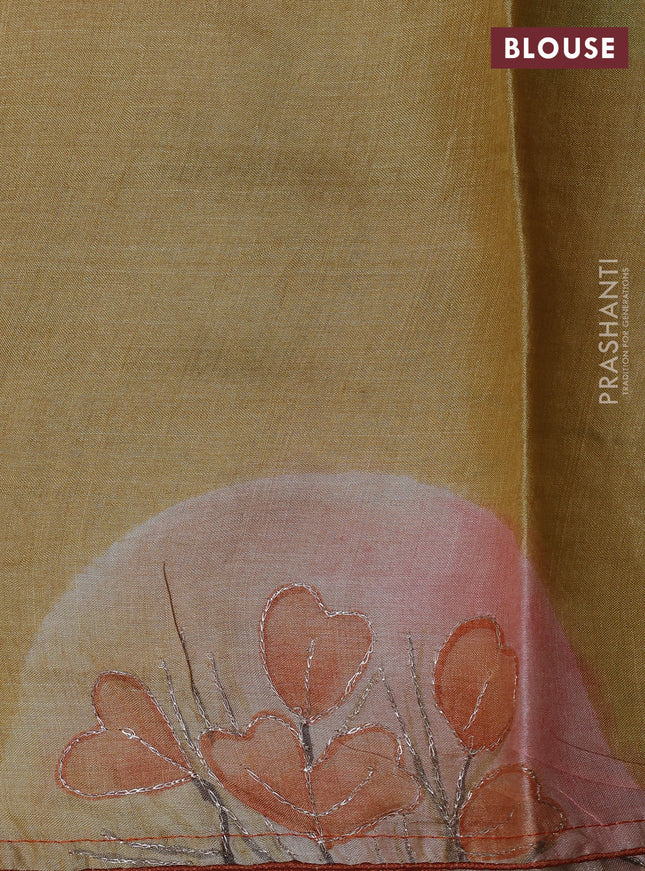 Pure tussar silk saree rustic orange and yellow with tie & dye prints and pita work pallu