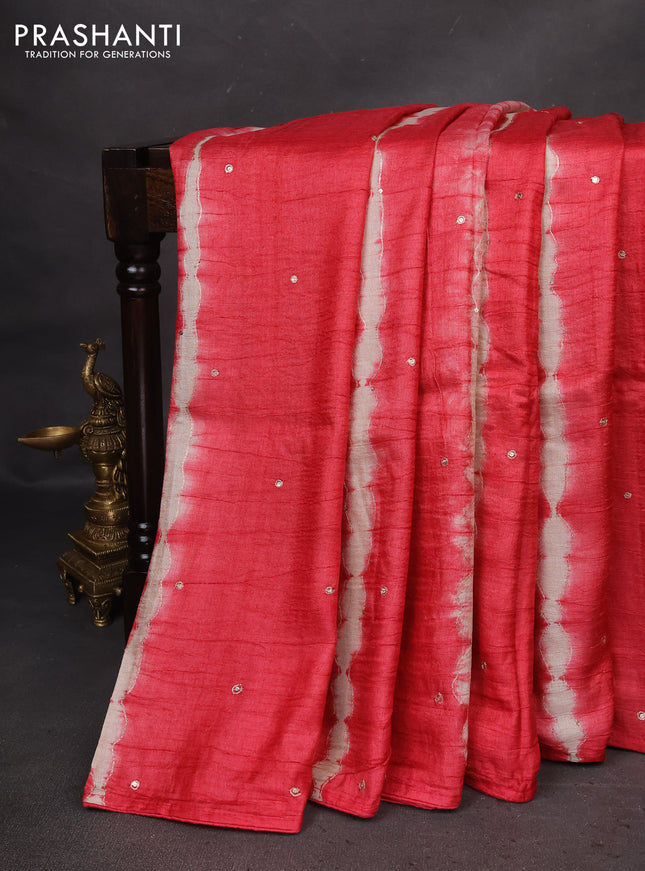 Pure tussar silk saree red shade and sandal with tie & dye prints and pita work pallu