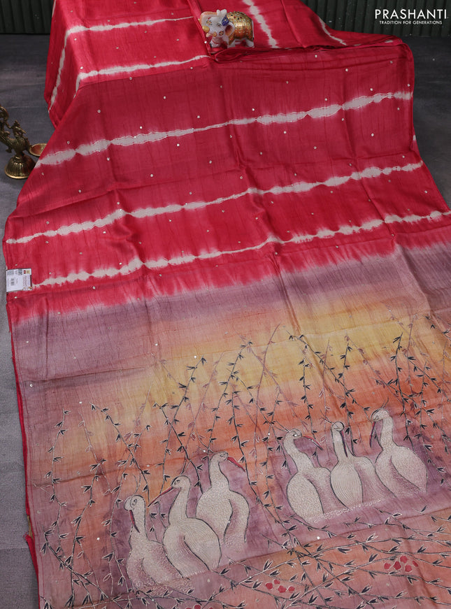 Pure tussar silk saree red shade and sandal with tie & dye prints and pita work pallu