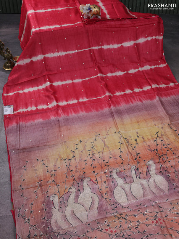 Pure tussar silk saree red shade and sandal with tie & dye prints and pita work pallu