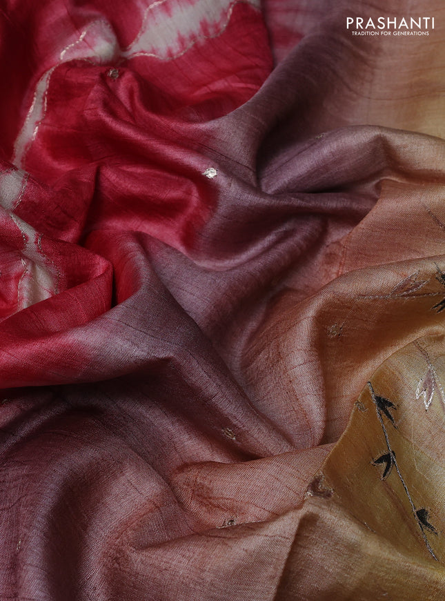 Pure tussar silk saree red shade and sandal with tie & dye prints and pita work pallu