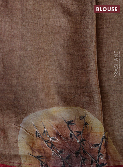 Pure tussar silk saree red shade and sandal with tie & dye prints and pita work pallu