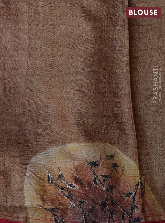 Pure tussar silk saree red shade and sandal with tie & dye prints and pita work pallu