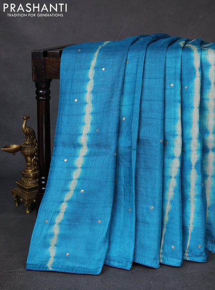 Pure tussar silk saree teal blue and light green with tie & dye prints and pita work pallu