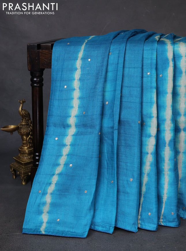 Pure tussar silk saree teal blue and light green with tie & dye prints and pita work pallu