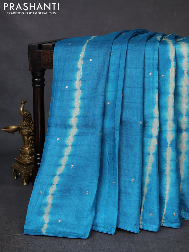 Pure tussar silk saree teal blue and light green with tie & dye prints and pita work pallu