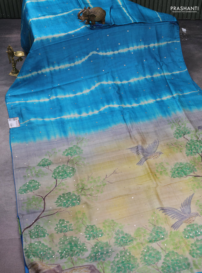 Pure tussar silk saree teal blue and light green with tie & dye prints and pita work pallu