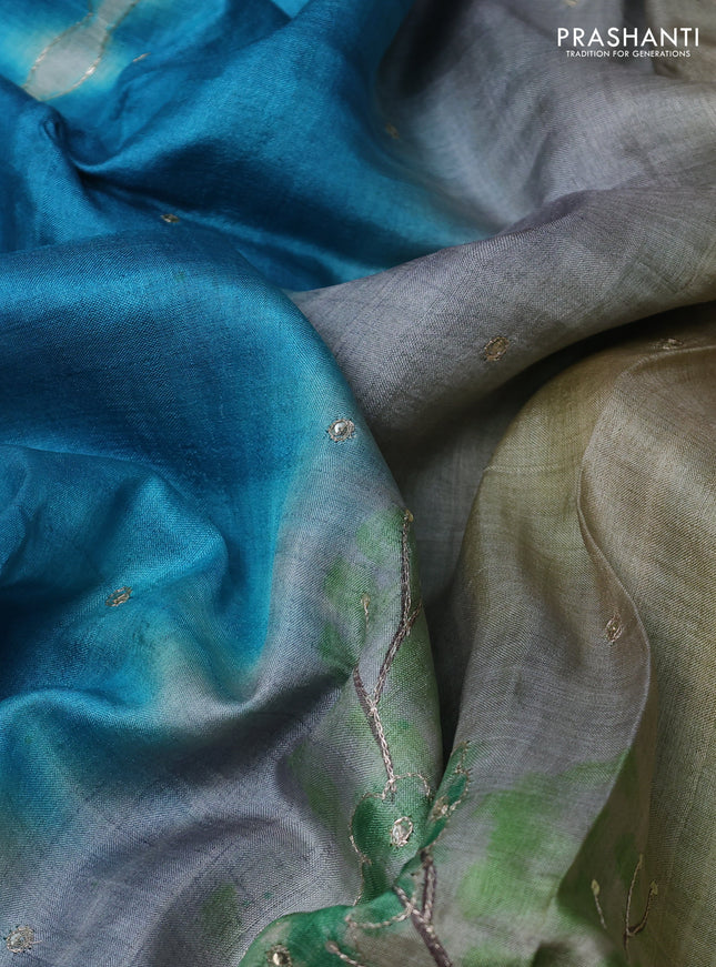 Pure tussar silk saree teal blue and light green with tie & dye prints and pita work pallu