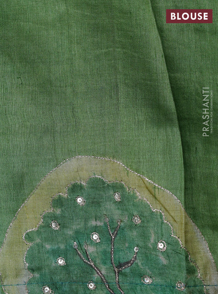 Pure tussar silk saree teal blue and light green with tie & dye prints and pita work pallu