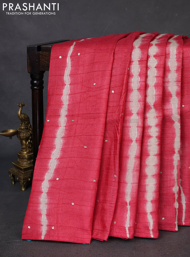 Pure tussar silk saree red shade and grey shade with tie & dye prints and pita work pallu