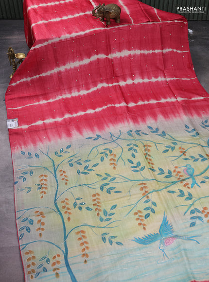 Pure tussar silk saree red shade and grey shade with tie & dye prints and pita work pallu