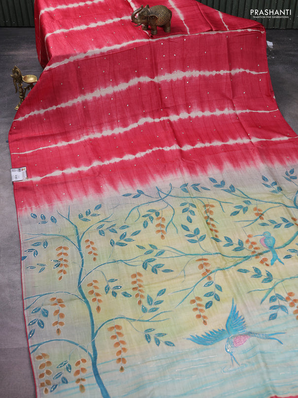 Pure tussar silk saree red shade and grey shade with tie & dye prints and pita work pallu
