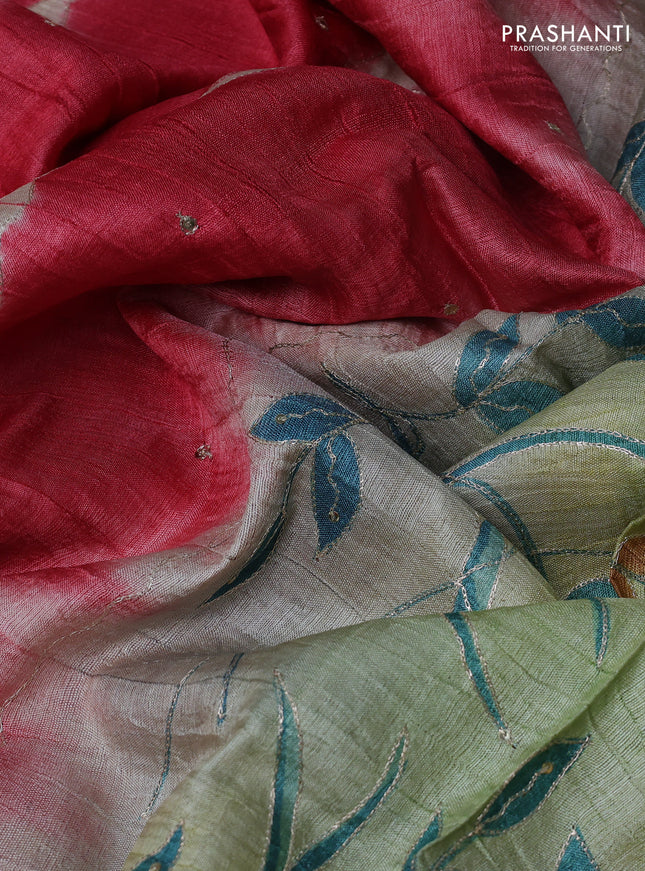 Pure tussar silk saree red shade and grey shade with tie & dye prints and pita work pallu