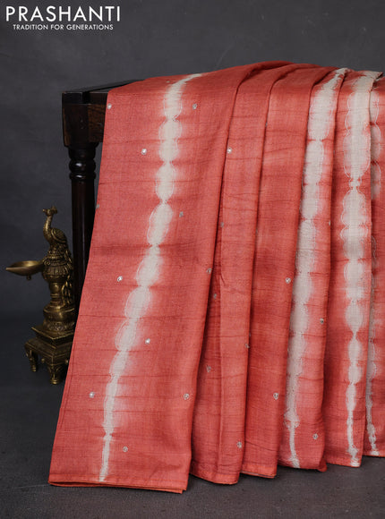 Pure tussar silk saree rust shade and pastel brown shade with tie & dye prints and pita work pallu