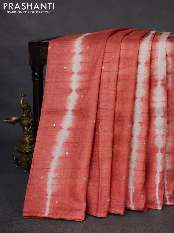 Pure tussar silk saree rust shade and pastel brown shade with tie & dye prints and pita work pallu