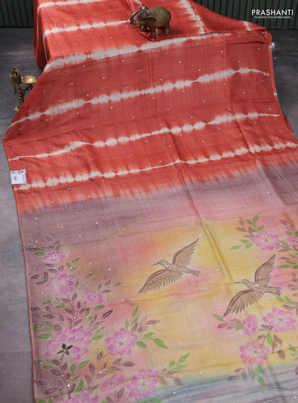 Pure tussar silk saree rust shade and pastel brown shade with tie & dye prints and pita work pallu