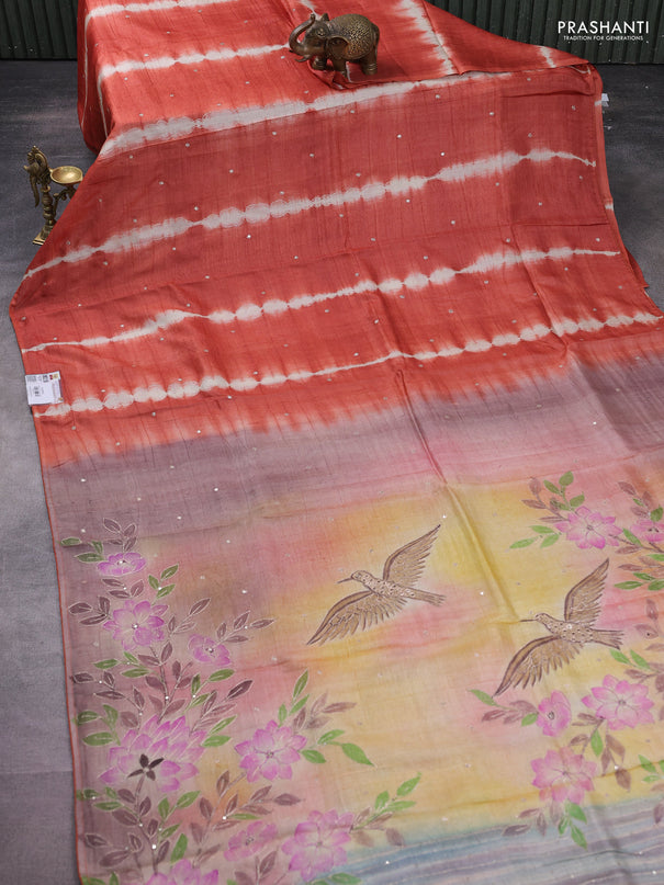 Pure tussar silk saree rust shade and pastel brown shade with tie & dye prints and pita work pallu