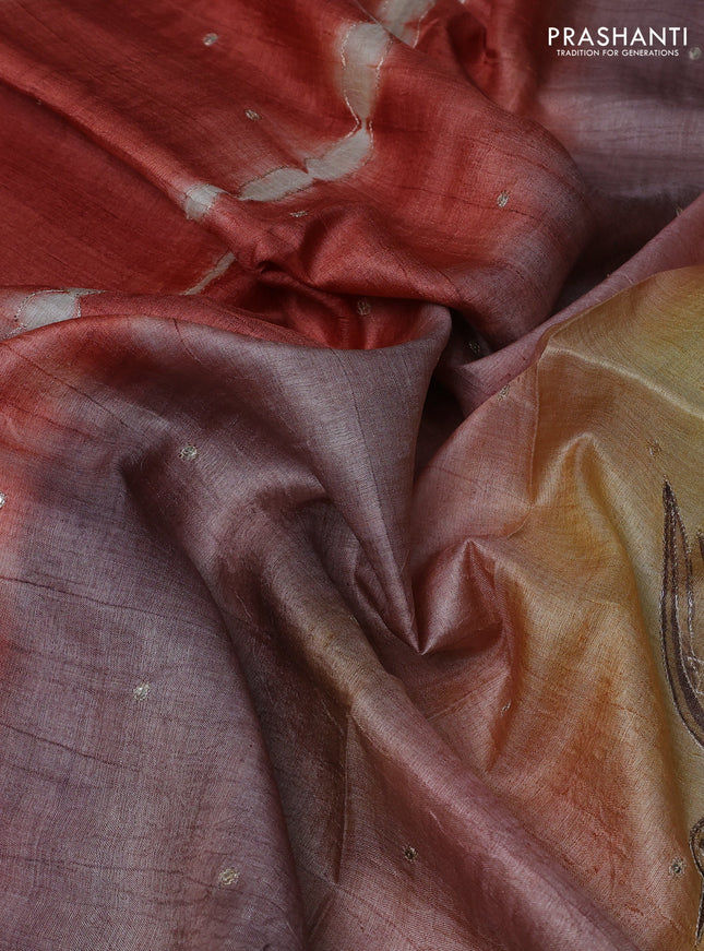 Pure tussar silk saree rust shade and pastel brown shade with tie & dye prints and pita work pallu