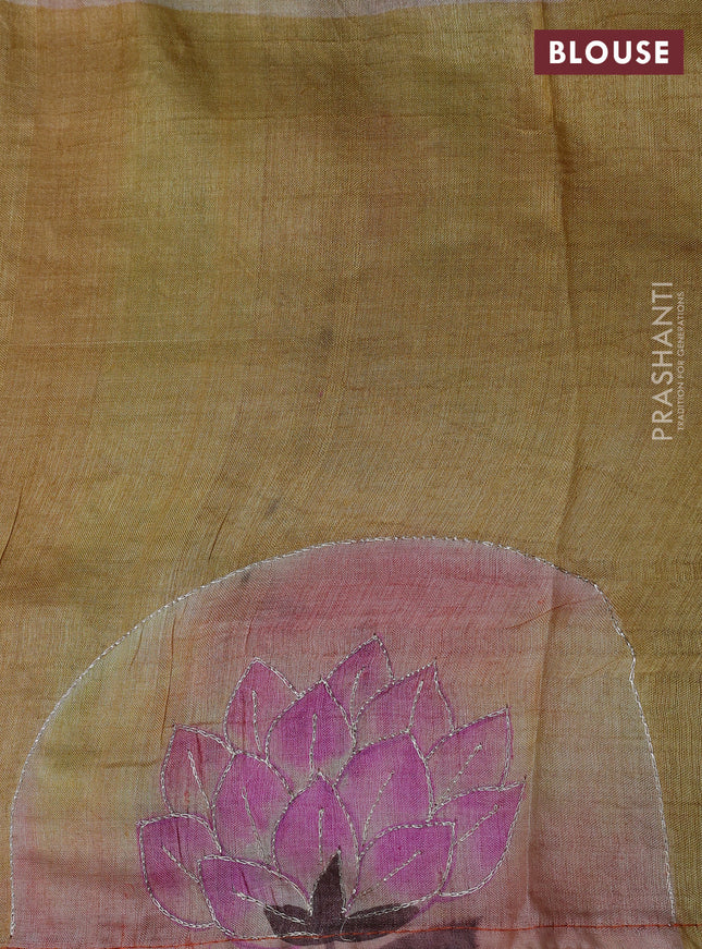 Pure tussar silk saree rust shade and pastel brown shade with tie & dye prints and pita work pallu