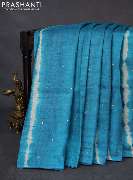 Pure tussar silk saree blue and pista green with tie & dye prints and pita work pallu