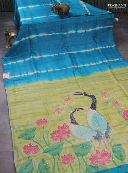 Pure tussar silk saree blue and pista green with tie & dye prints and pita work pallu