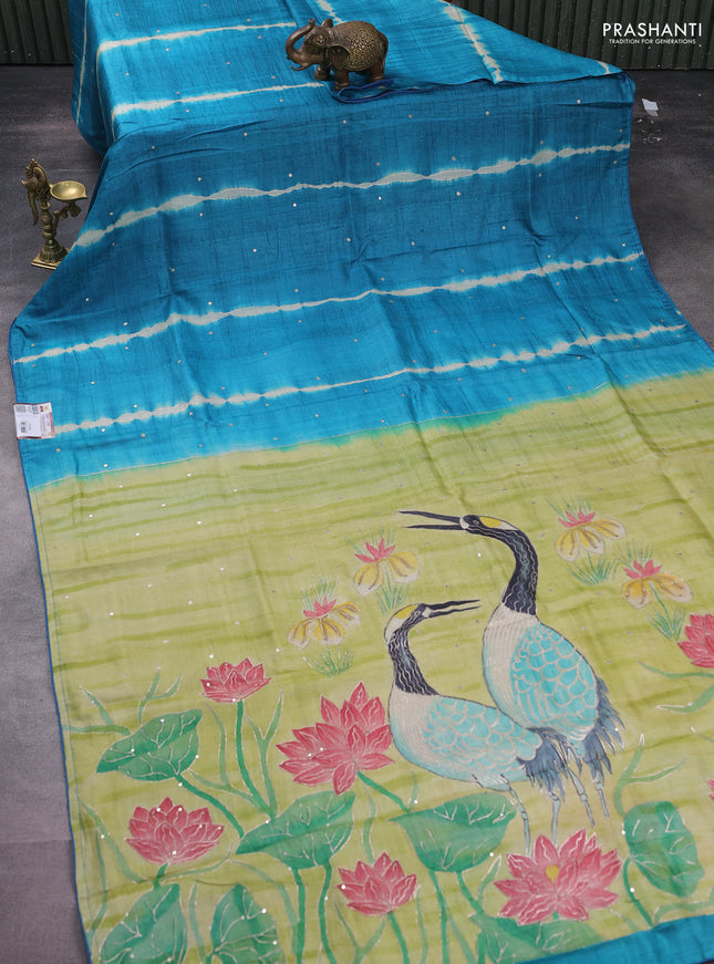 Pure tussar silk saree blue and pista green with tie & dye prints and pita work pallu