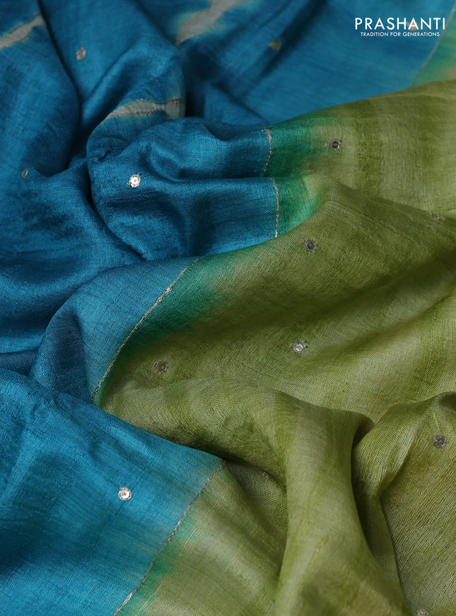 Pure tussar silk saree blue and pista green with tie & dye prints and pita work pallu