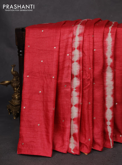Pure tussar silk saree red and orange with tie & dye prints and pita work pallu