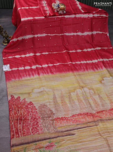 Pure tussar silk saree red and orange with tie & dye prints and pita work pallu