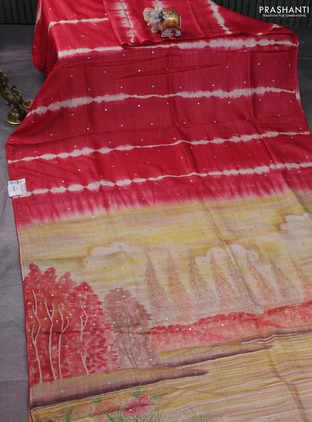 Pure tussar silk saree red and orange with tie & dye prints and pita work pallu