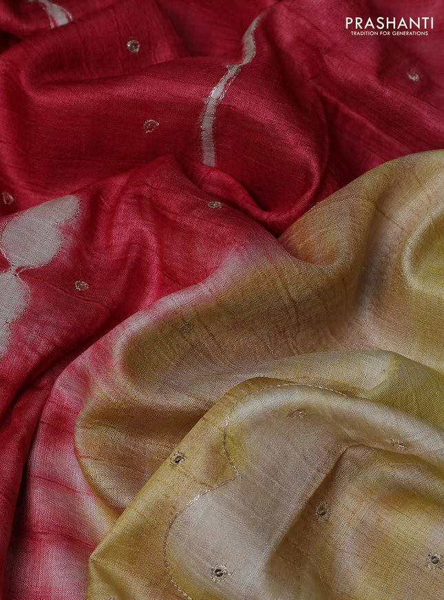 Pure tussar silk saree red and orange with tie & dye prints and pita work pallu