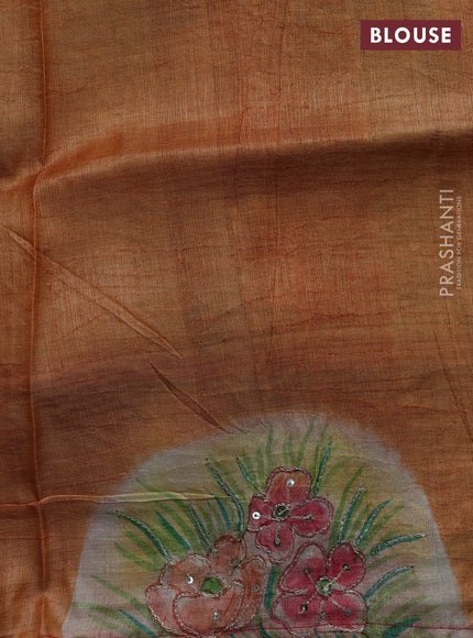 Pure tussar silk saree red and orange with tie & dye prints and pita work pallu