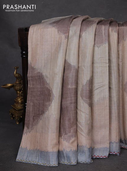 Pure tussar silk saree beige and grey with allover geometric prints and embroidery work pallu