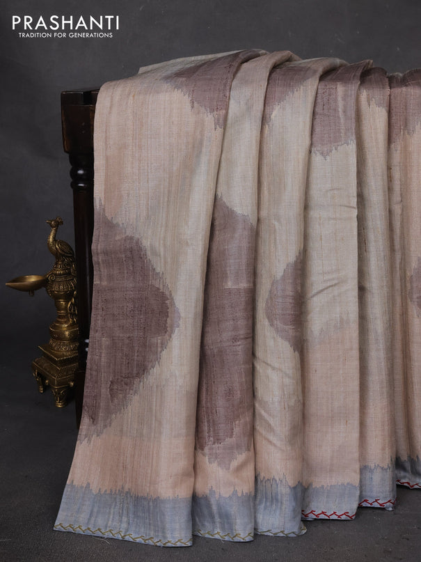 Pure tussar silk saree beige and grey with allover geometric prints and embroidery work pallu
