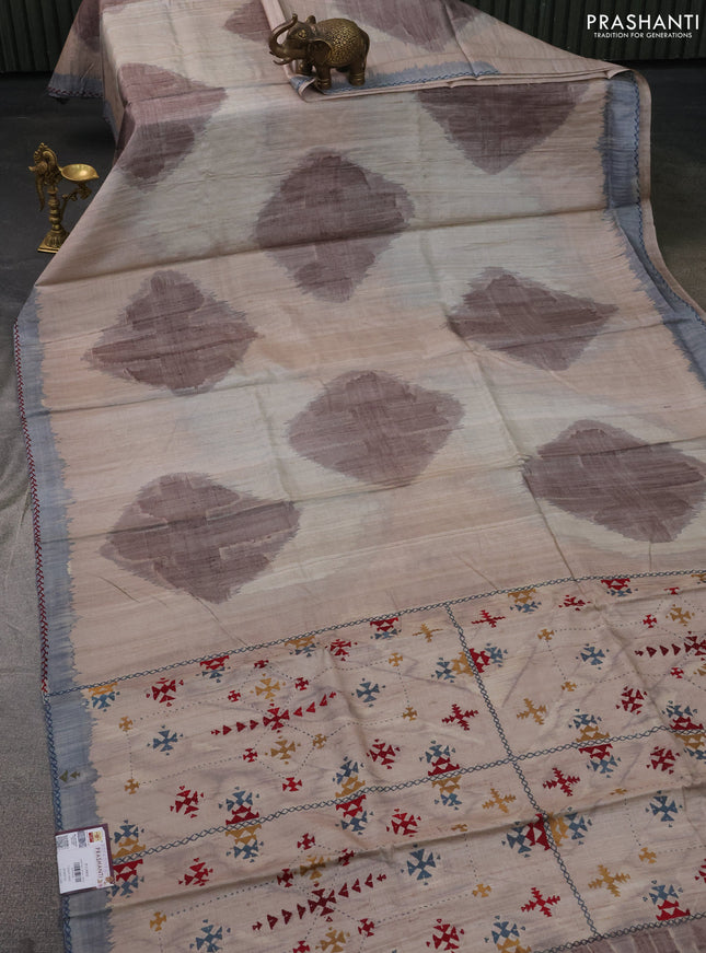 Pure tussar silk saree beige and grey with allover geometric prints and embroidery work pallu