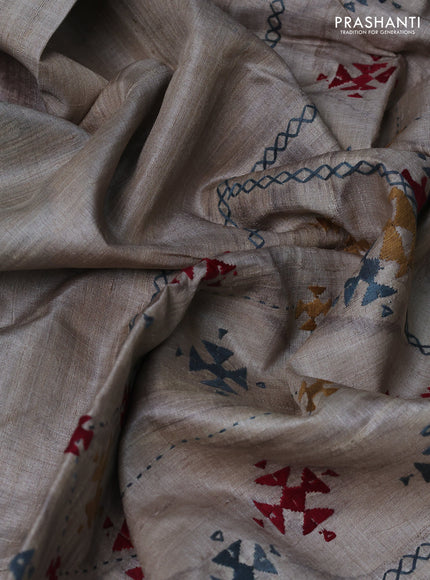 Pure tussar silk saree beige and grey with allover geometric prints and embroidery work pallu
