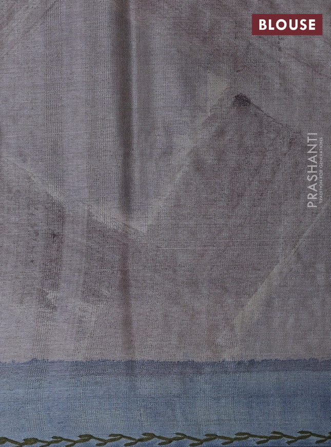 Pure tussar silk saree beige and grey with allover geometric prints and embroidery work pallu