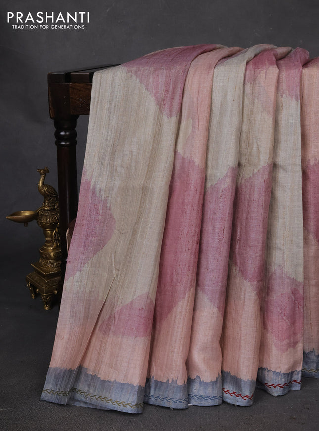 Pure tussar silk saree pastel pink shade and grey with allover geometric prints and embroidery work pallu