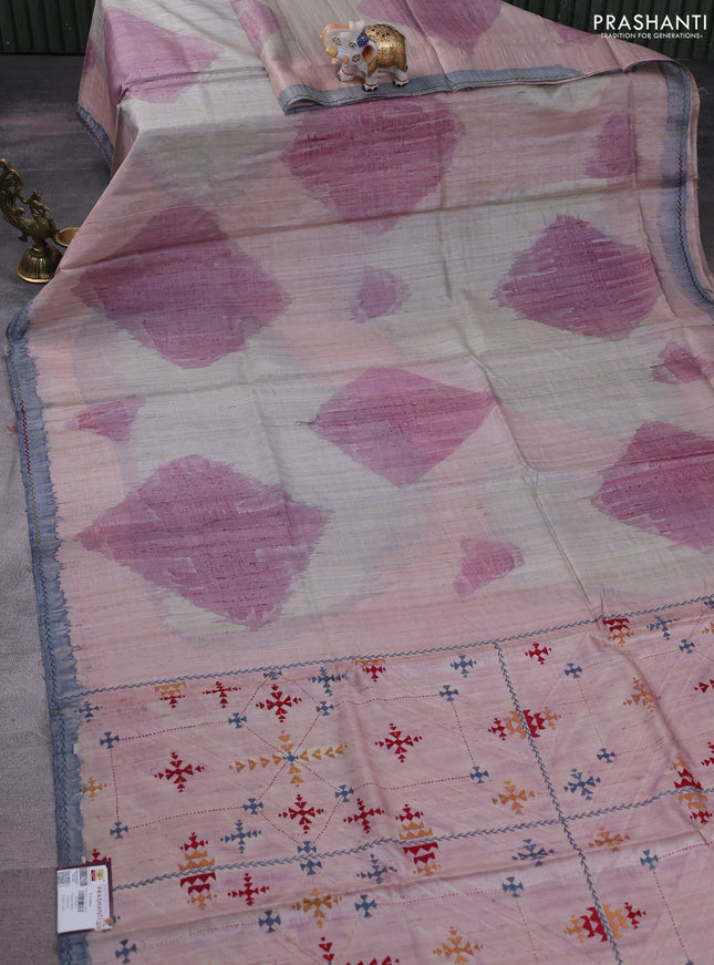 Pure tussar silk saree pastel pink shade and grey with allover geometric prints and embroidery work pallu