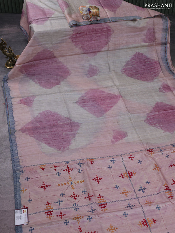 Pure tussar silk saree pastel pink shade and grey with allover geometric prints and embroidery work pallu