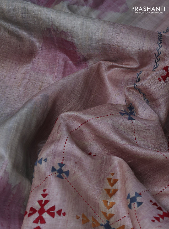 Pure tussar silk saree pastel pink shade and grey with allover geometric prints and embroidery work pallu