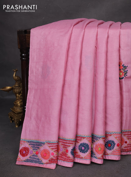 Pure tussar silk saree light pink with embrioidery work buttas and kantha stitch work pallu