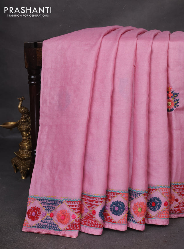 Pure tussar silk saree light pink with embrioidery work buttas and kantha stitch work pallu