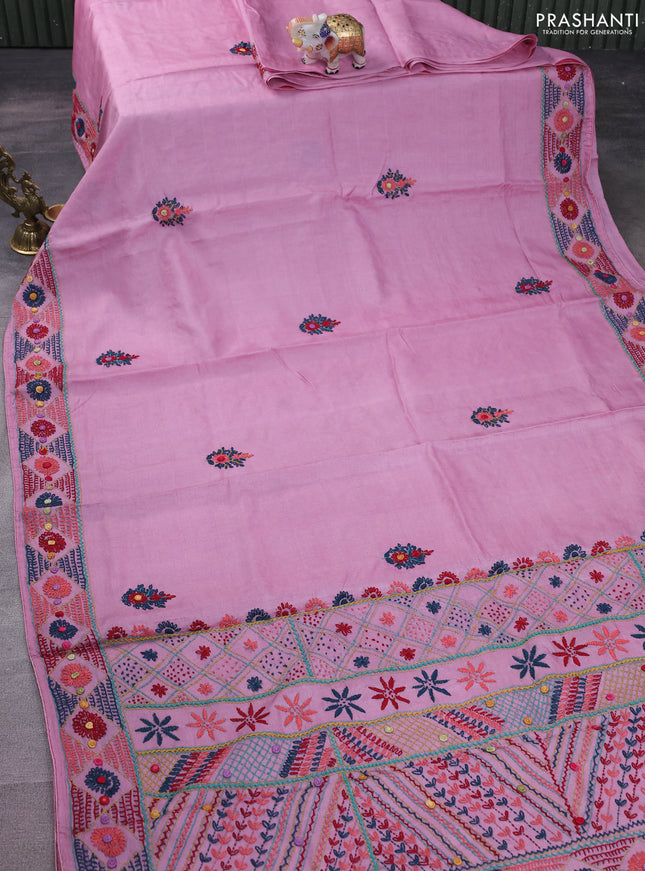 Pure tussar silk saree light pink with embrioidery work buttas and kantha stitch work pallu