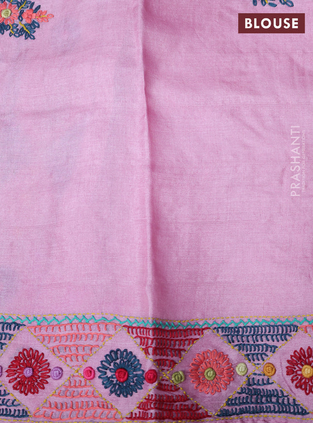 Pure tussar silk saree light pink with embrioidery work buttas and kantha stitch work pallu