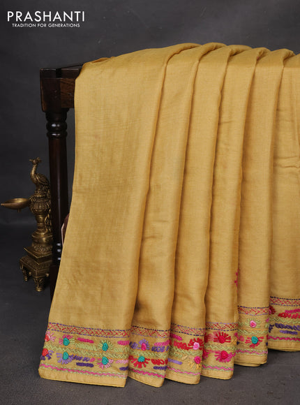 Pure tussar silk saree mustard shade with embrioidery work buttas and kantha stitch work pallu
