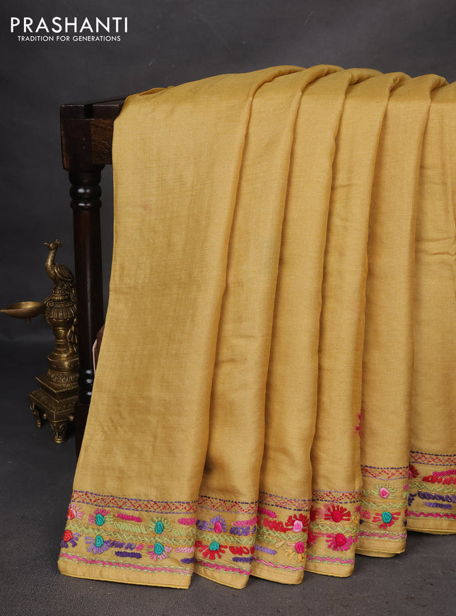 Pure tussar silk saree mustard shade with embrioidery work buttas and kantha stitch work pallu