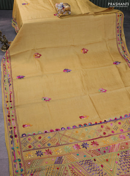Pure tussar silk saree mustard shade with embrioidery work buttas and kantha stitch work pallu