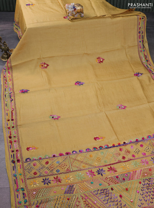 Pure tussar silk saree mustard shade with embrioidery work buttas and kantha stitch work pallu