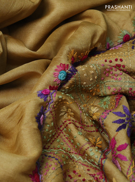 Pure tussar silk saree mustard shade with embrioidery work buttas and kantha stitch work pallu
